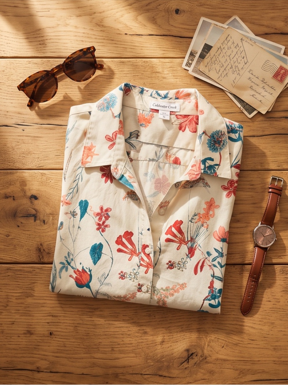 Collared Floral Button-Up Blouse - Cream with Red & Teal Floral Print